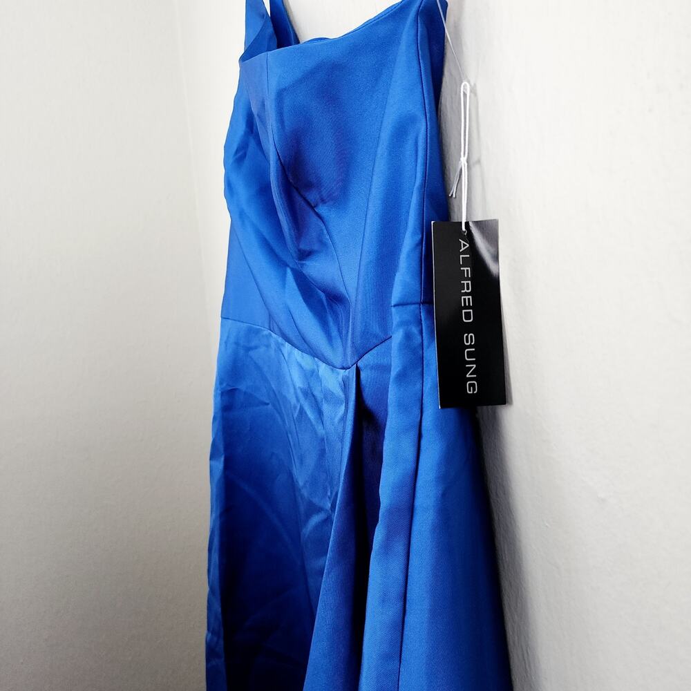 Alfred Sung One Shoulder High Low Satin Gown Classic Blue NWT Size 14 D831 Gown - Picture 6 of 13